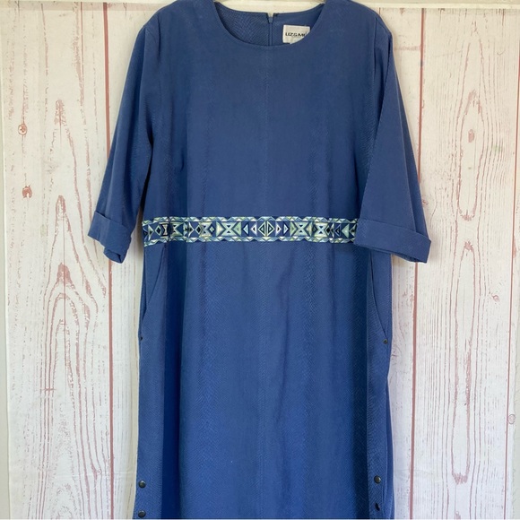 Vintage Dresses & Skirts - Vintage Liz & Me Maxi Dress Plus Size 3X Blue Moleskin Snake Texture 3/4 Sleeve